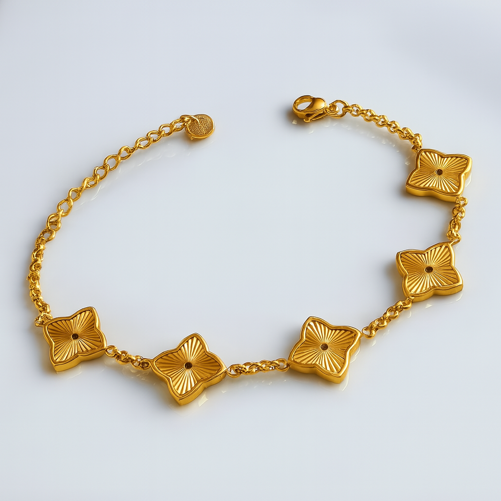 Gifting Set -18K Gold Plated Textured Four-Leaf Clover Set Waterproof (Necklace, Bracelet, Ring and Earring)