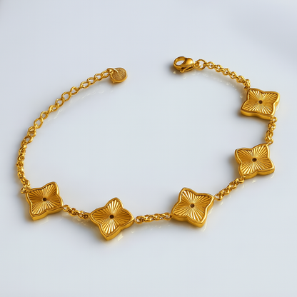 Gifting Set -18K Gold Plated Textured Four-Leaf Clover Set Waterproof (Necklace, Bracelet, Ring and Earring)