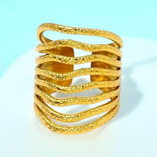 Mariza | Gold Plated Chunky Multi-Layer Wave Cuff Resizable Ring