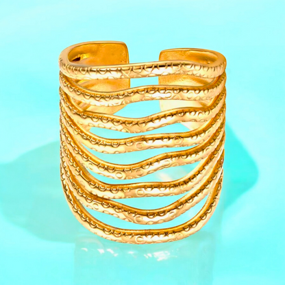 Mariza | Gold Plated Chunky Multi-Layer Wave Cuff Resizable Ring