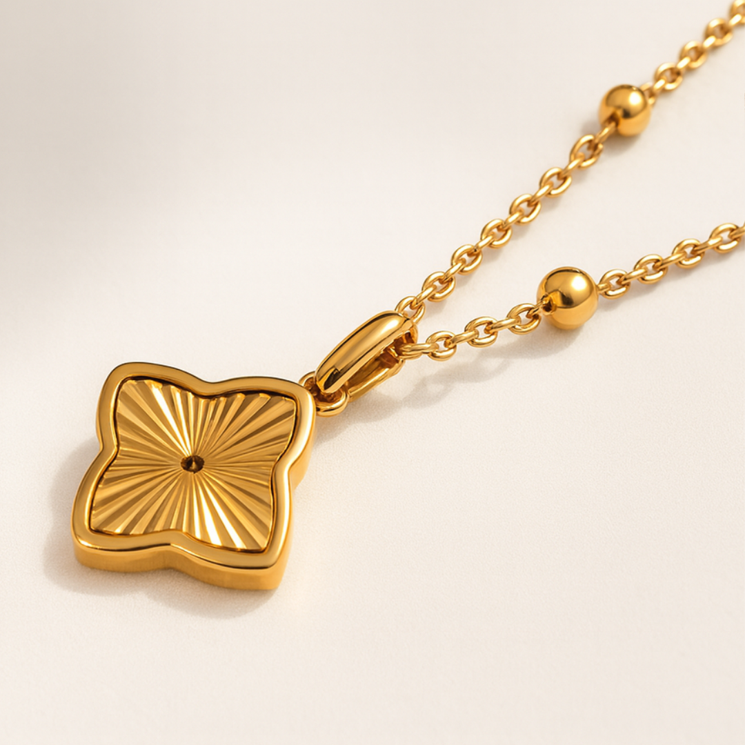 Clover Necklace -18K Gold Plated Textured Four-Leaf Pendant Waterproof
