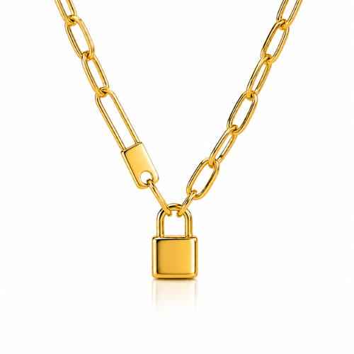 Odessa | Gold Plated Lock Pendant in Cuban Link Necklace
