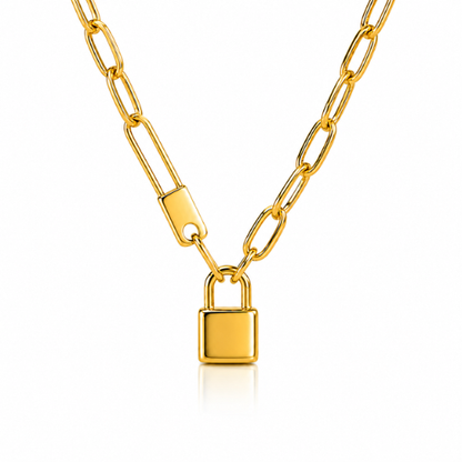 Odessa | Gold Plated Lock Pendant in Cuban Link Necklace