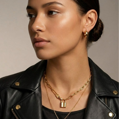 Odessa | Gold Plated Lock Pendant in Cuban Link Necklace