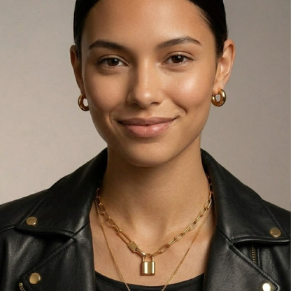 Odessa | Gold Plated Lock Pendant in Cuban Link Necklace