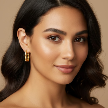 Daphne | Gold Plated Bamboo Design Rectangular Hoop Earrings