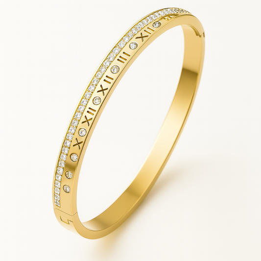Lucia | 18K Gold Plated Roman Numeral Crystal Cuff Bracelet Bangle
