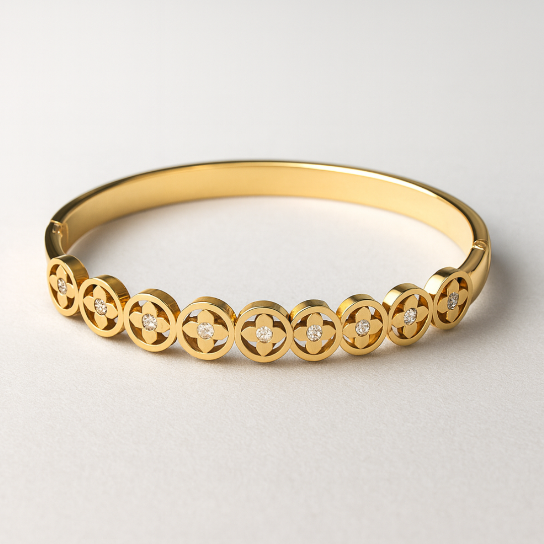 Kate | Gold Plated Four-Leaf Clover Zircon Cuff Bracelet Bangle