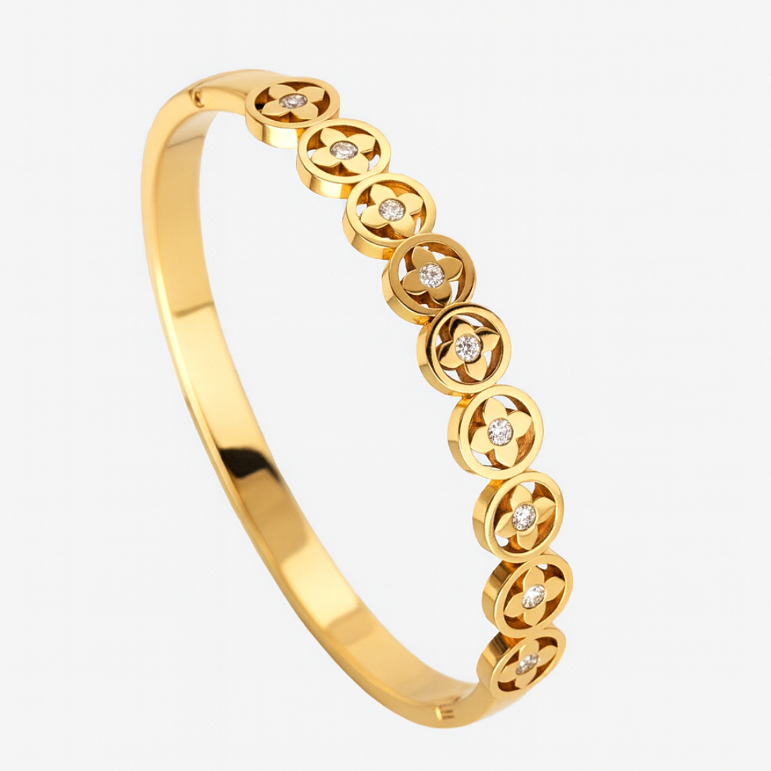 Kate | Gold Plated Four-Leaf Clover Zircon Cuff Bracelet Bangle