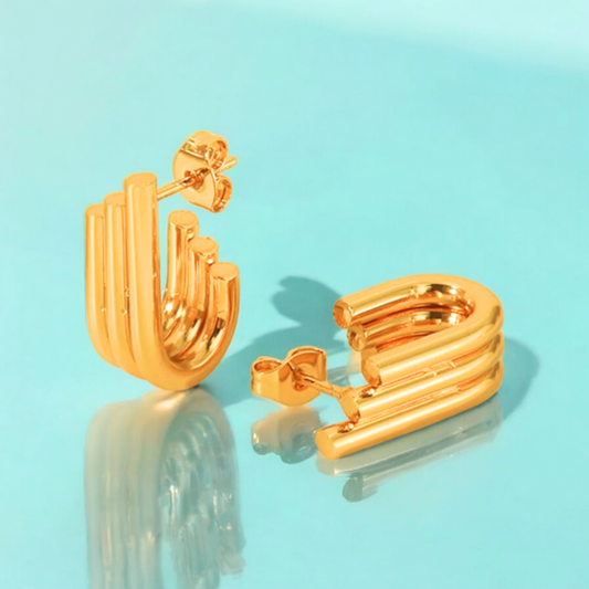 Rosara | Gold Plated Triple Hoop Pipe Bar Studs Stud Earrings