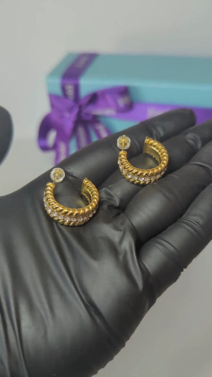 Mirra | Gold (18K) Plated C-Shaped Waterproof Hoop Earrings with Zircons