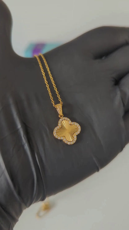 Clover Necklace - 18K Gold Plated Textured Four-Leaf Pendant Waterproof Chain