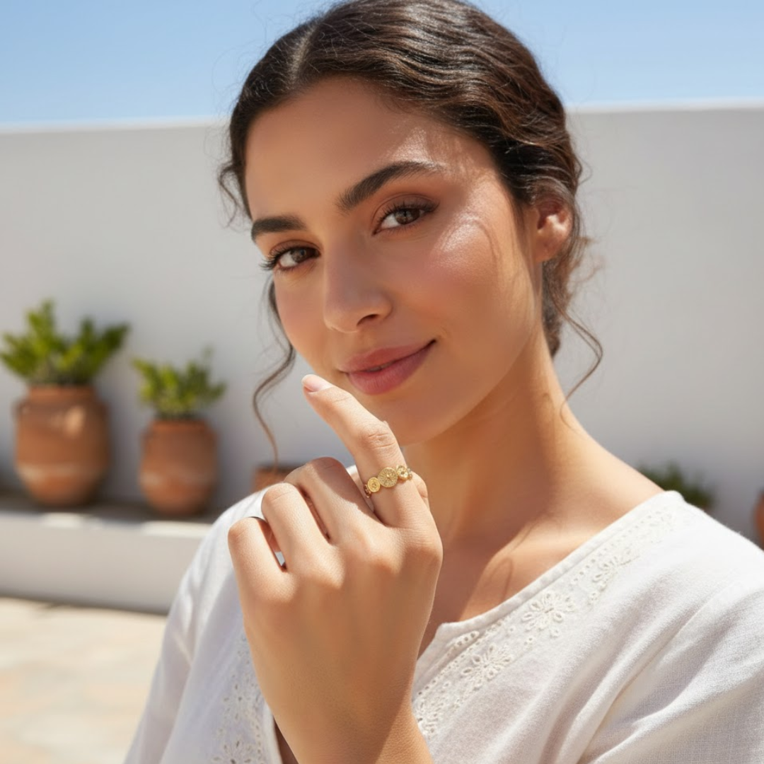 Carmen | Gold Plated Sun Design Resizable Ring