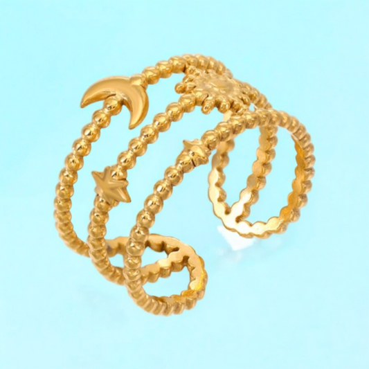 Ruth | Gold Plated Sun Moon Star Open Resizable Ring