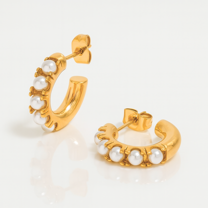 Sharapova | Gold Plated Basic Pearl Huggie Hoops Earrings