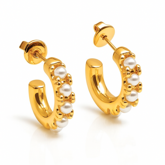 Sharapova | Gold Plated Basic Pearl Huggie Hoops Earrings