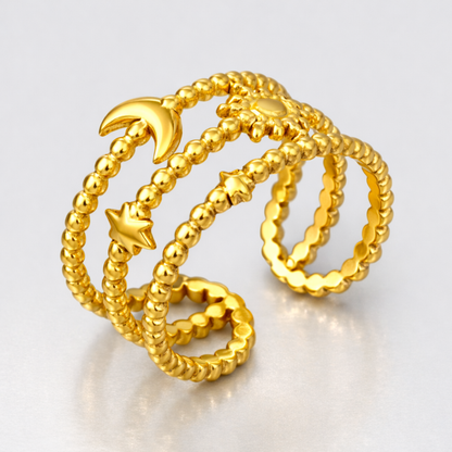 Ruth | Gold Plated Sun Moon Star Open Resizable Ring