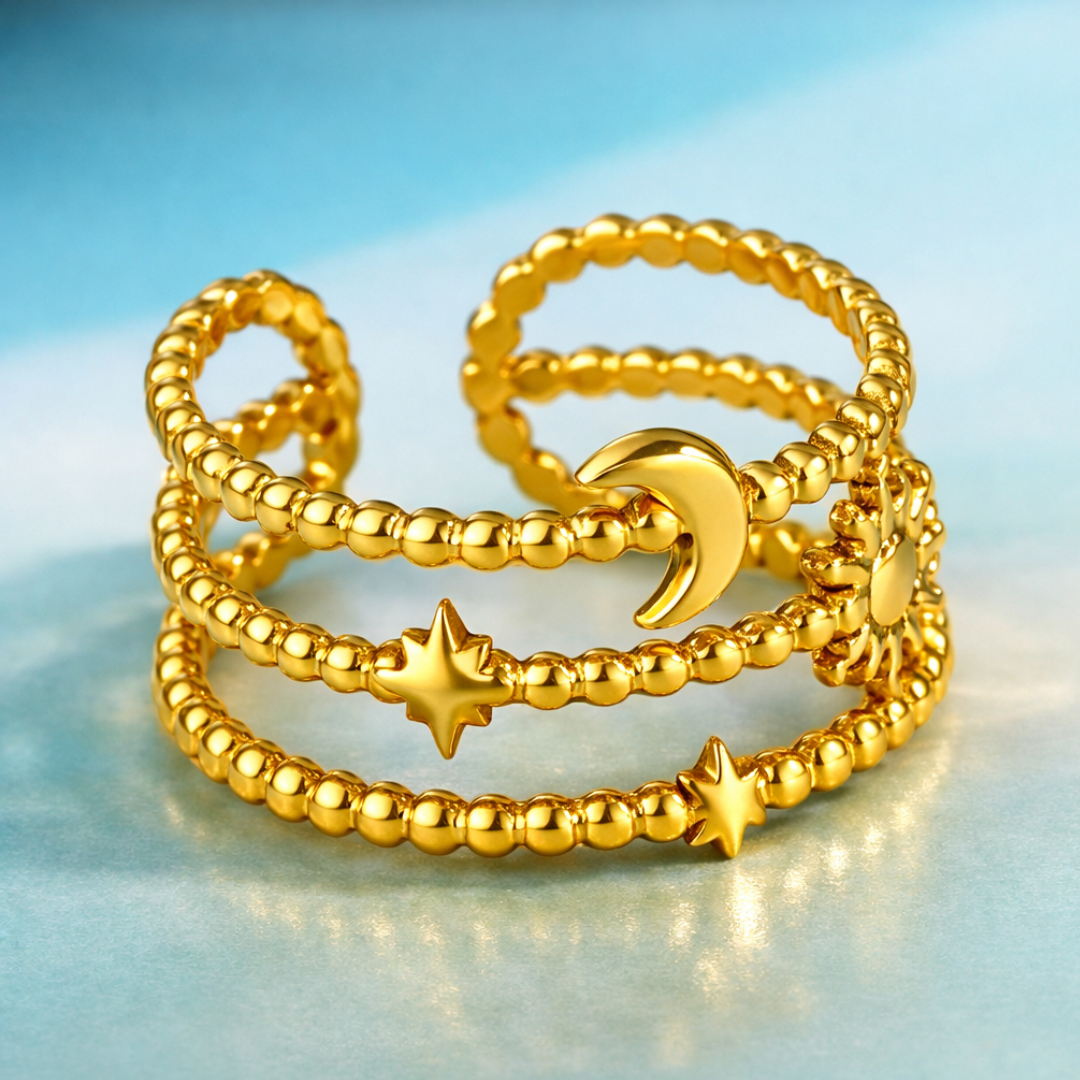 Ruth | Gold Plated Sun Moon Star Open Resizable Ring