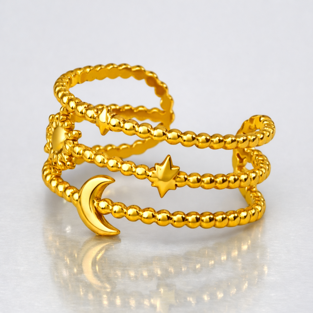 Ruth | Gold Plated Sun Moon Star Open Resizable Ring