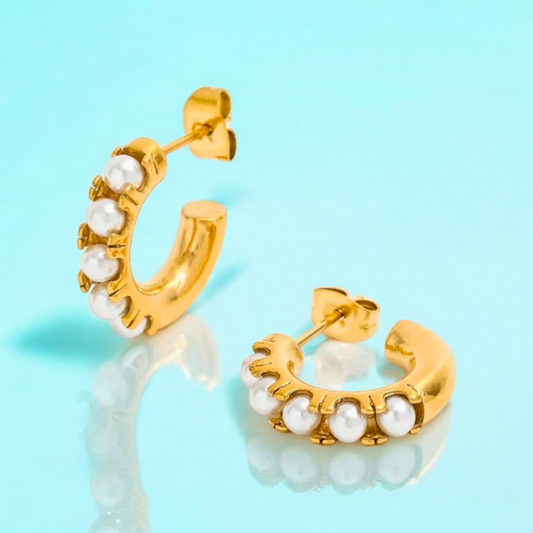Sharapova | Gold Plated Basic Pearl Huggie Hoops Earrings