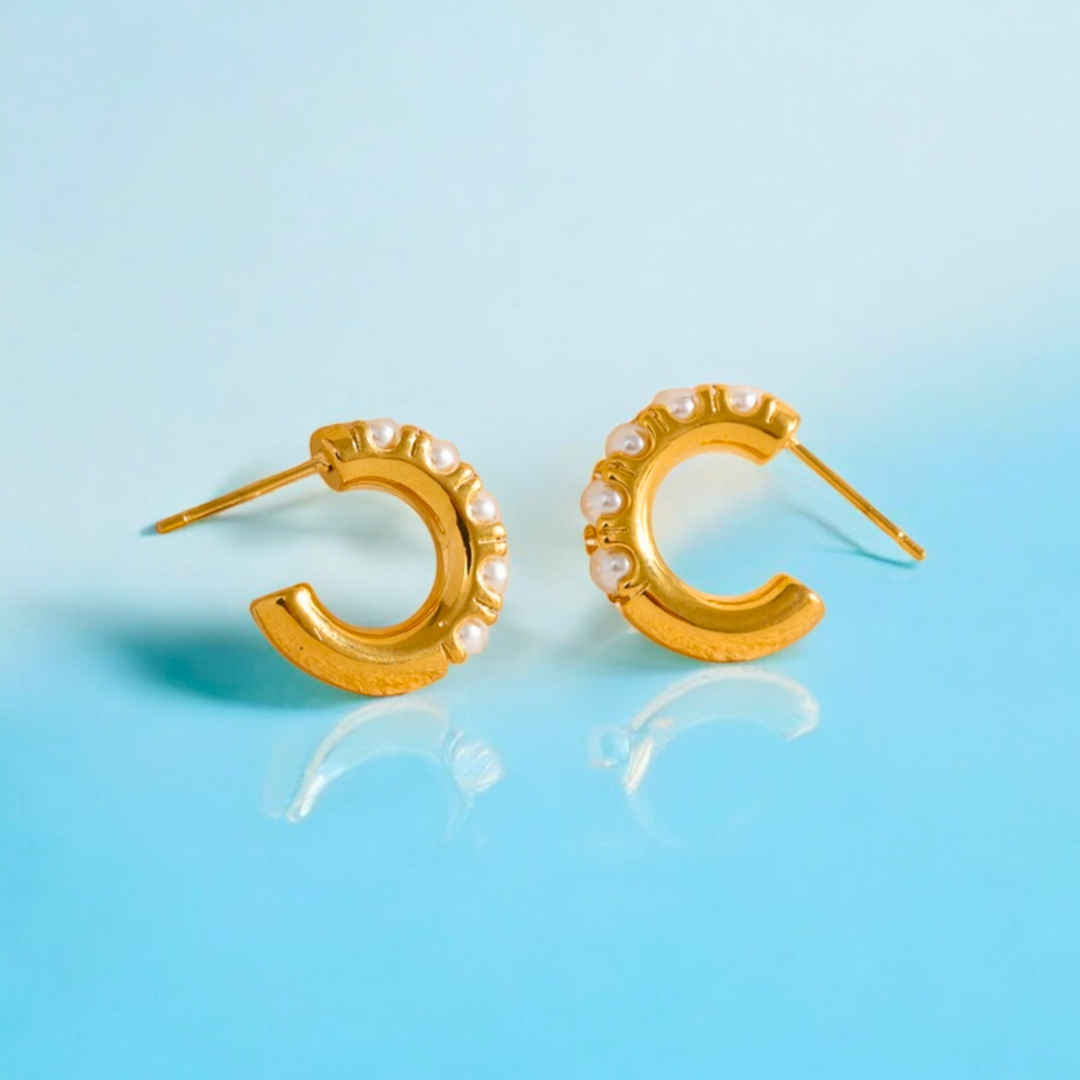 Sharapova | Gold Plated Basic Pearl Huggie Hoops Earrings
