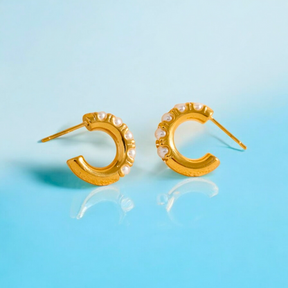 Sharapova | Gold Plated Basic Pearl Huggie Hoops Earrings