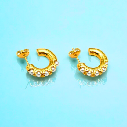 Sharapova | Gold Plated Basic Pearl Huggie Hoops Earrings