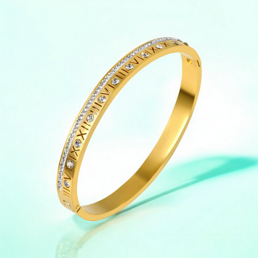 Lucia | Gold Plated Roman Numeral Crystal Cuff Bracelet Bangle