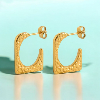 Ellie | 18K Gold Plated Hammered Square Dangle Hoop Waterproof Earrings