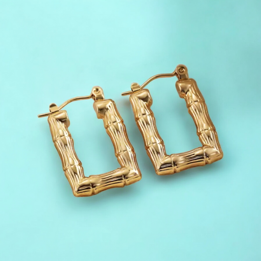 Daphne | Gold Plated Bamboo Design Rectangular Hoop Earrings