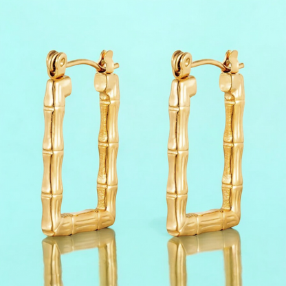 Daphne | Gold Plated Bamboo Design Rectangular Hoop Earrings