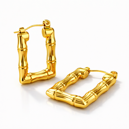 Daphne | Gold Plated Bamboo Design Rectangular Hoop Earrings