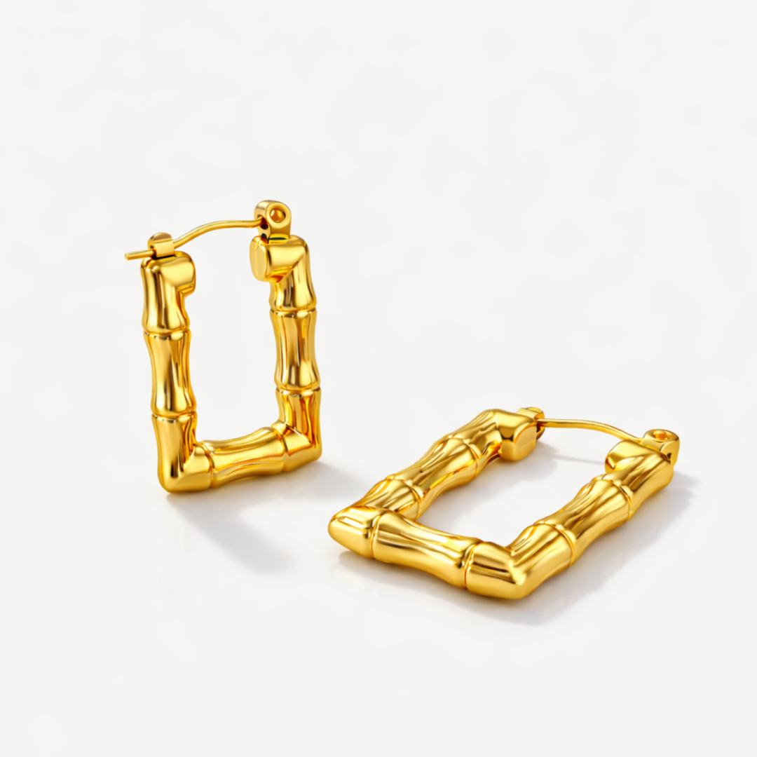 Daphne | Gold Plated Bamboo Design Rectangular Hoop Earrings