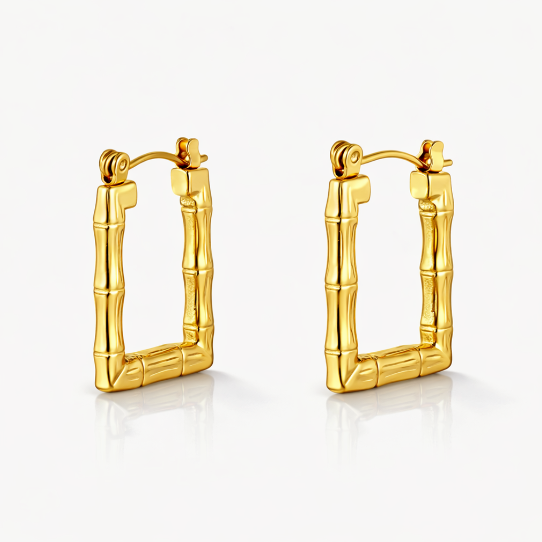 Daphne | Gold Plated Bamboo Design Rectangular Hoop Earrings