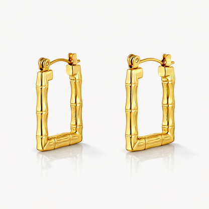 Daphne | Gold Plated Bamboo Design Rectangular Hoop Earrings