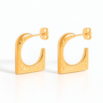 Ellie | 18K Gold Plated Hammered Square Dangle Hoop Waterproof Earrings