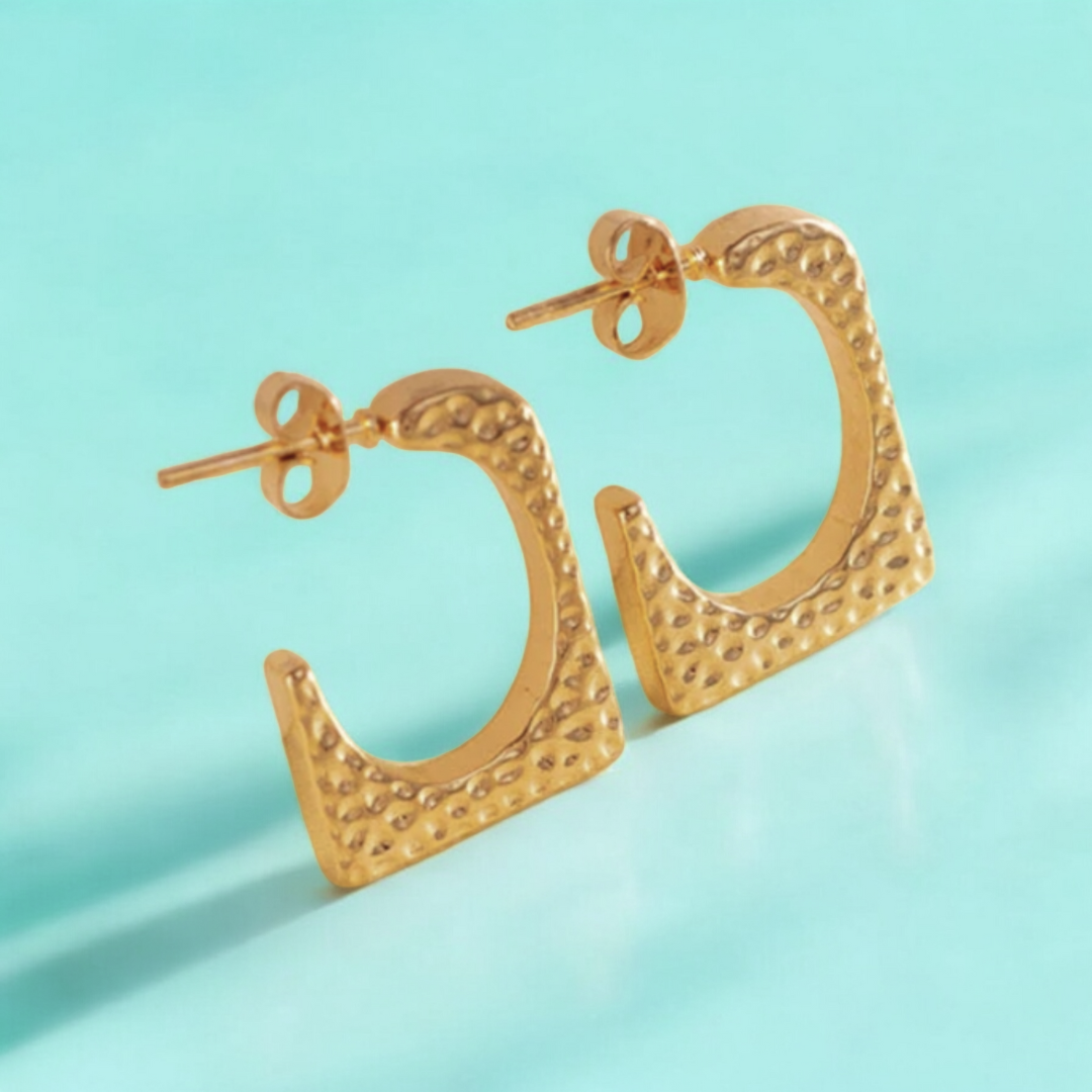 Ellie | Gold Plated Hammered Square Dangle Hoop Earrings