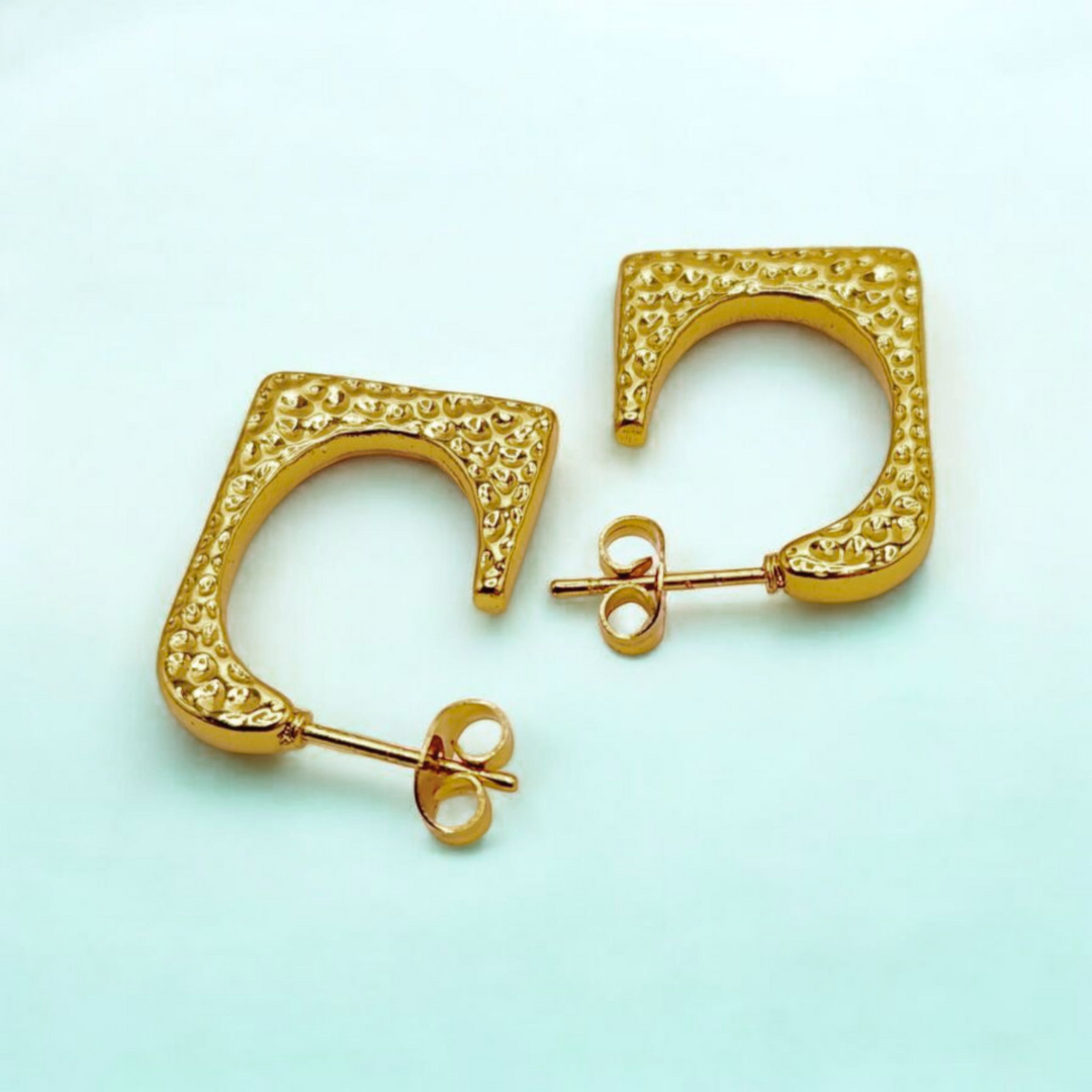 Ellie | Gold Plated Hammered Square Dangle Hoop Earrings