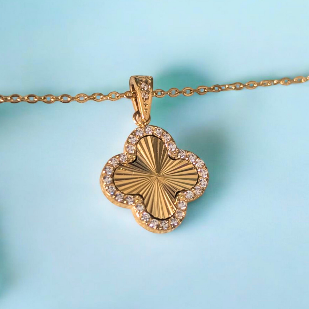 Clover Necklace - 18K Gold Plated Textured Four-Leaf Pendant Waterproof Chain