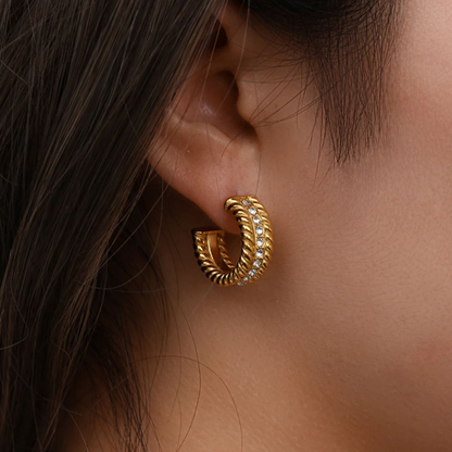 Mirra | Gold (18K) Plated C-Shaped Waterproof Hoop Earrings with Zircons